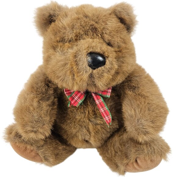 Vintage 24K Mighty Star Brown Plush Bear Red Plaid Bow 12 in Stuffed Animal - Picture 1 of 9